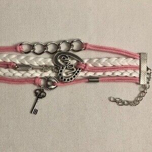 Heart Key Braided PU Leather Wrap Charm Bracelet Pink White